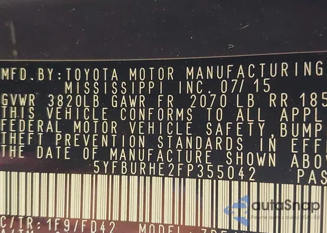 2015 Toyota Corolla S Plus from USA, damaged, VIN 5YFBURHE2FP355042
